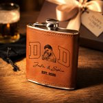 Personalisierte Foto Design 6 oz Edelstahl Schnaps Flachmann mit PU-Lederabdeckung und Name Vatertag Geburtstag Geschenk für Mann