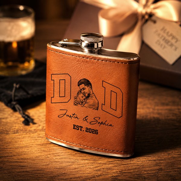 Personalisierte Foto Design 6 oz Edelstahl Schnaps Flachmann mit PU-Lederabdeckung und Name Vatertag Geburtstag Geschenk für Mann
