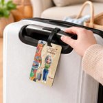 Étiquette de bagage personnalisée avec personnage et nom - Style de carte rétro - Cadeau de voyage pour la famille et les amis