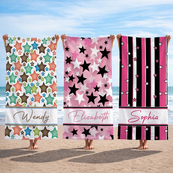 Personalised Colourful Star Oversized Quick Dry Microfiber Beach Towel with Name Beach Pool Party Birthday Gift for Girls Friends