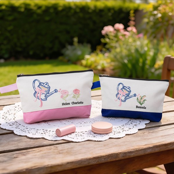 Personalised Embroidered Bow Watering Can Birth Flower Makeup Bag with Name Anniversary Thanksgiving Day Birthday Gift for Mom Woman