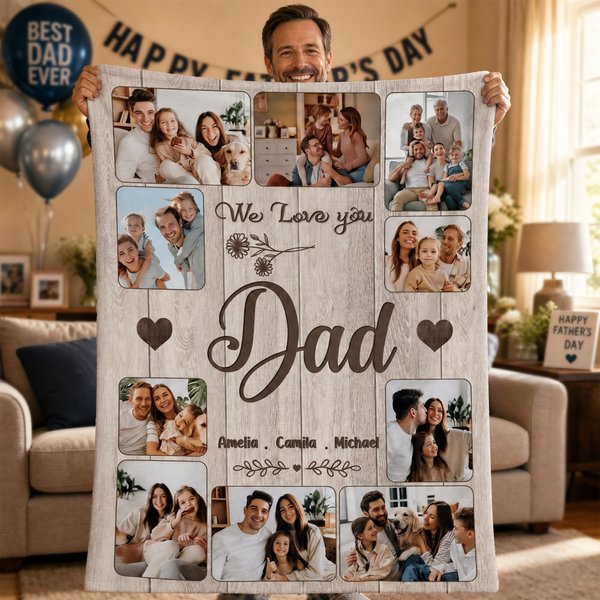 Personalized 10 Family Photos Soft Throw Blanket with 1-8 Names and Text Home Decor Birthday Father's Day Gift for Dad Grandpa