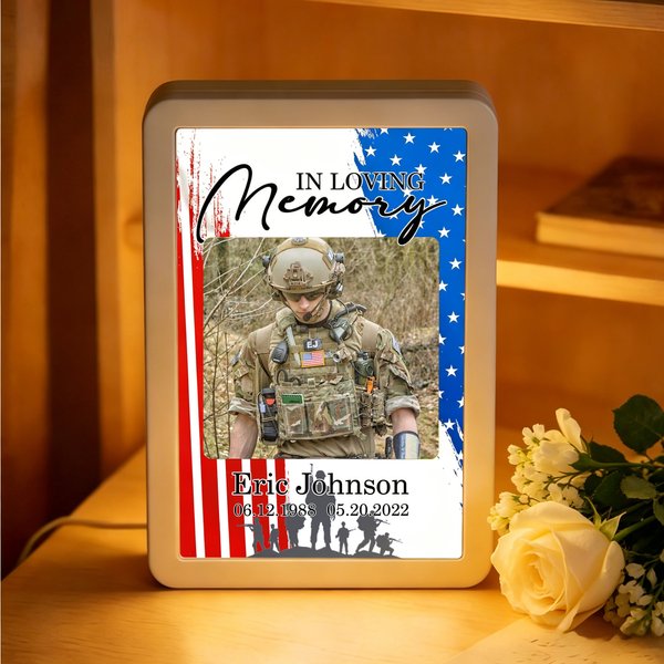 Personalized In Loving Memory Fallen Soldier LED Photo Frame Mirror with Name Memorial Day Sympathy Gift for Army Family Loss of Loved One