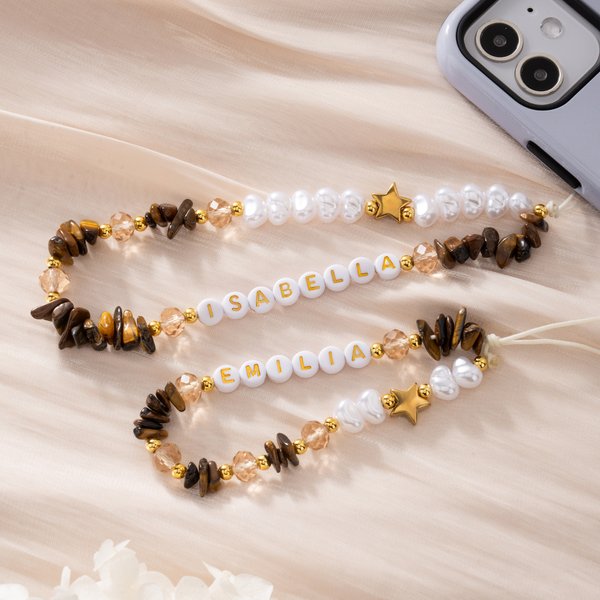 Personalised Tiger-Eye Stone Shell Pearl Bead Phone Charm with Name Phone Accessories Birthday Gift for Friend