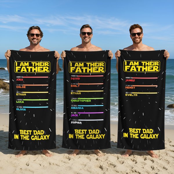 Personalised Best Dad In The Galaxy Lightsaber Oversized Quick Dry Beach Towel with Names Beach Party Birthday Father's Day Gift for Father