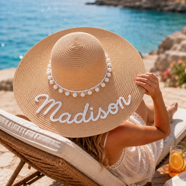 Gepersonaliseerde geborduurde naam ontwerp stro hoed met kralen dagelijks gebruik zomer strand vakantie Gift voor vrouwen