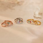 Personalised Zircon Heart Birthstone Engraved Name 3-Layer Stack Sterling Silver Ring Dainty Jewellery Birthday Anniversary Gift for Woman Wife Mother