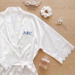Personalized Embroidered Monogram Satin Lace-Trim Robe Bridal Shower Bachelorette Party Gift for Bridal Bridesmaid