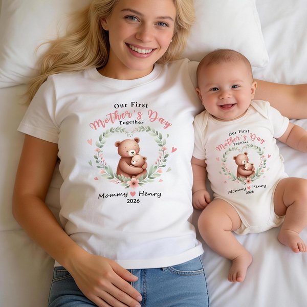 Von meinen Armen zu meinem Herzen - personalisierte Mama Baby Tier Floral Herz T-Shirt Bodysuit Matching Set erste Muttertag Geschenk
