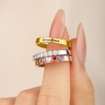 Personalised Zircon Heart Birthstone Engraved Name 3-Layer Stack Sterling Silver Ring Dainty Jewellery Birthday Anniversary Gift for Woman Wife Mother