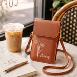 Personalised Line Art Style Birth Flower PU Leather Crossbody Bag with Name and Touch Screen Window Travel Daily Use Birthday Gift for Women