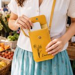 Personalised Line Art Style Birth Flower PU Leather Crossbody Bag with Name and Touch Screen Window Travel Daily Use Birthday Gift for Women