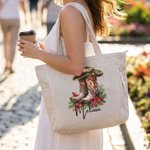 Personalized Cowboy Birth Flower Boots Large Capacity Corduroy Tote Bag with Name Multi-Compartment Travel Essential Birthday Gift for Women