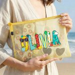 Personalised Summer Theme Doodle Name Transparent Mesh Beach Bag Travel Essential Birthday Gift for Women Friends