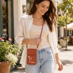 Personalised Line Art Style Birth Flower PU Leather Crossbody Bag with Name and Touch Screen Window Travel Daily Use Birthday Gift for Women