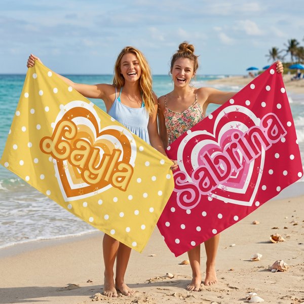 Personalised Multicolor Polka Dots Heart Quick Dry Oversized Beach Towel with Name Travel Essentials Birthday Summer Vacation Party Gift for Friends