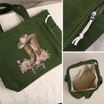 Personalized Cowboy Birth Flower Boots Large Capacity Corduroy Tote Bag with Name Multi-Compartment Travel Essential Birthday Gift for Women