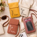 Personalised Line Art Style Birth Flower PU Leather Crossbody Bag with Name and Touch Screen Window Travel Daily Use Birthday Gift for Women