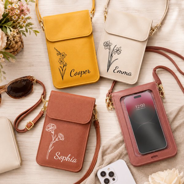 Borsa Crossbody in pelle PU con nome e finestra touch screen per uso quotidiano, regalo di compleanno per le donne.