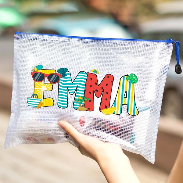 Personalised Summer Theme Doodle Name Transparent Mesh Beach Bag Travel Essential Birthday Gift for Women Friends