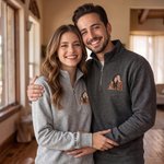 Personalized Couple Photo Embroidered T-shirt Quarter Zip Sweatshirt Hoodie with Text Birthday Wedding Anniversary Gift for Couple