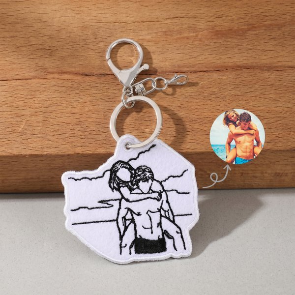 Personalized Black and White Embroidered Photo Silhouette Keychain Bag Charm Travel Use Birthday Wedding Gift for Boyfriend Husband Lover