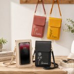 Personalised Line Art Style Birth Flower PU Leather Crossbody Bag with Name and Touch Screen Window Travel Daily Use Birthday Gift for Women