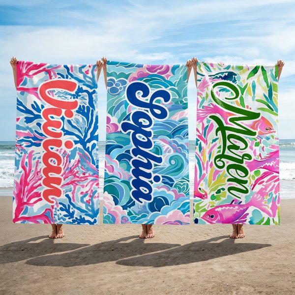 Personalized Colorful Floral Soft Quick Dry Oversized Beach Towel with Name Beach Party Summer Travel Gift for Woman Girl