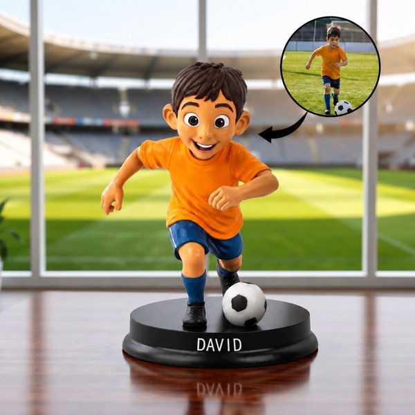 Personalizada de dibujos animados de fútbol Niños Foto Figurita Ornamento con Nombre Escritorio Decoración Equipo Regalo de cumpleaños para los niños amantes del fútbol