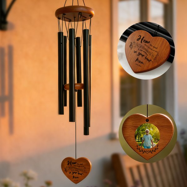 Gepersonaliseerd foto hart houten windgong met tekst en datum Herdenkings Ornament Sympathie Gift voor verlies van vader moeder