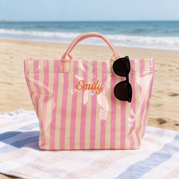 Design a strisce personalizzato Borsa da spiaggia impermeabile di grande capacità con nome ricamato Uso piscina Regalo di addio al nubilato per ragazze donne
