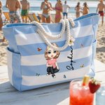 Personalised Cartoon Character Birth Flower Beach Tote Bag with Name Beach Vacation Swimming Pool Party Birthday Gift for Her