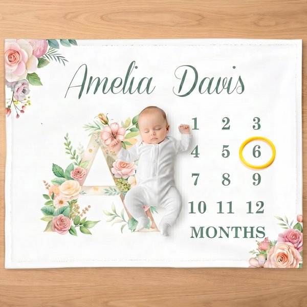 Henkilökohtainen Floral Initial Milestone Month Soft Throw Blanket kanssa nimi Nursery Decor syntymäpäivälahja vauvalle vastasyntyneelle