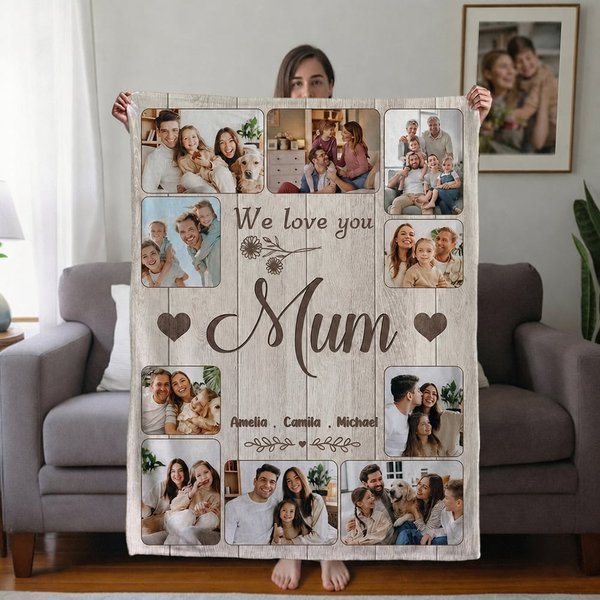 Personalised 10 Family Photos Soft Throw Blanket with 1-8 Names and Text Home Decor Ship from USA Mother's Day Father's Day Gift for Mom Grandma Dad