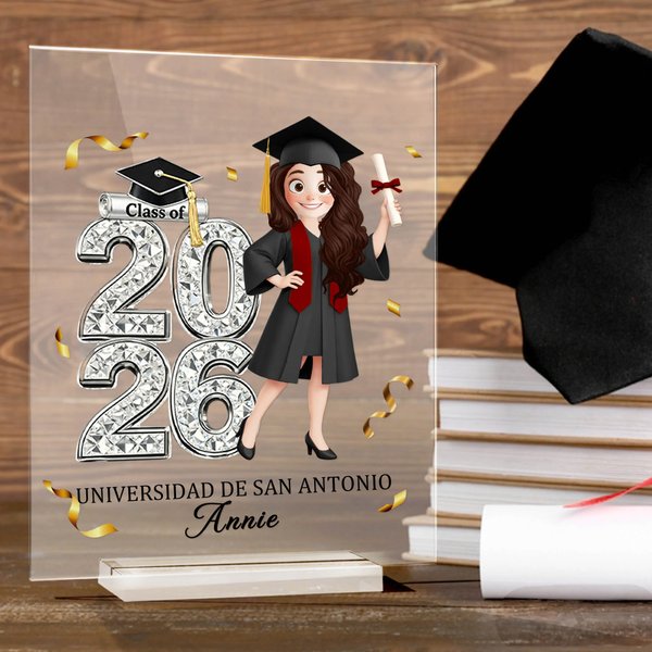 Placa de acrílico personalizada con personaje de dibujos animados nombre y año regalo y recuerdo de graduación para graduados