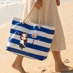 Personalised Cartoon Character Birth Flower Beach Tote Bag with Name Beach Vacation Swimming Pool Party Birthday Gift for Her