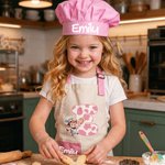 Personalised Highland Cow Initial Kid Apron Chef Hat Storage Bag Set with Front Pocket and Name Cooking Baking Children's Day Birthday Gift for Kids
