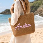 Henkilökohtainen Suuri kapasiteetti Crochet Raffia Kangaskassi nimi Päivittäinen käyttö Syntymäpäivälahja naiselle paras ystävä kollega