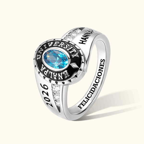 Anillo de sello personalizado de plata de ley con piedra de nacimiento símbolo grabado nombre y año regalo de graduación para graduados