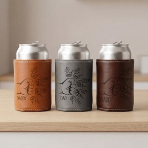 Personalised Fist Bump PU Leather Can Cooler with 1-5 Kid Names Father's Day Birthday Gift for Dad