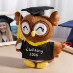 Gepersonaliseerde schattige uil-knuffel met afstudeerhoed en toga tekst en jaartal afstudeercadeau voor afgestudeerden klasgenoten
