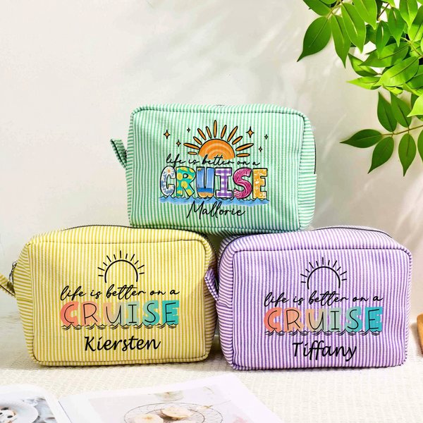 Personalised Life Is Better On A Cruise Striped Makeup Bag with Name Travel Essential Birthday Gift for Women Girls