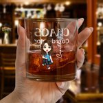 Personalized Cartoon Character Chaos Coordinator 10oz Old Fashioned Whiskey Glass with Birth Flower and Name Birthday Retirement Gift for Men Women