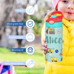 Personalised Cute Construction Lorry Name 12 oz Insulated Water Bottle with Straw and Spill-Proof Lid Back to School Gift for Boys Girls