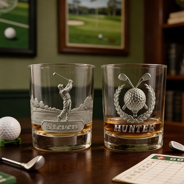 Personalised 2D Metallic Style Print Golf Theme Whiskey Glass with Name Golf Club Birthday Father's Day Gift for Golf Lovers