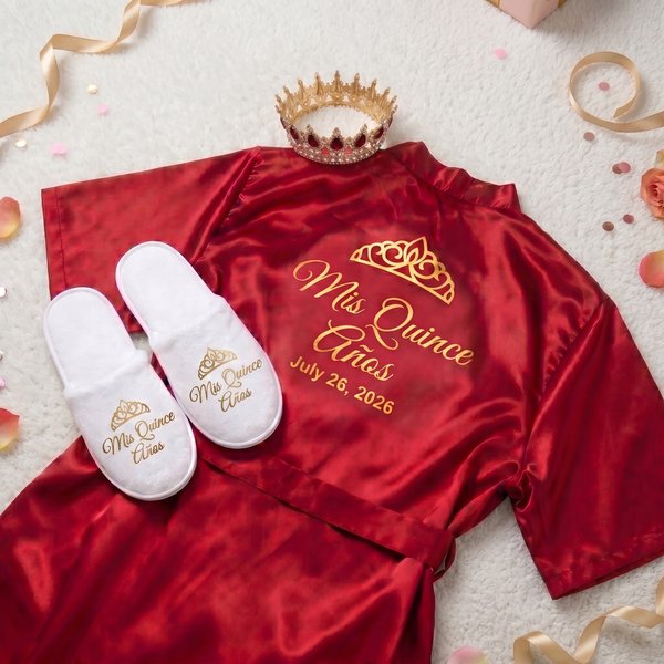 Personalised Mis Quince Sweet 15 Robe Slippers Crown Set with Name and Date Birthday Quinceanera Gift for Girls Daughters Friends