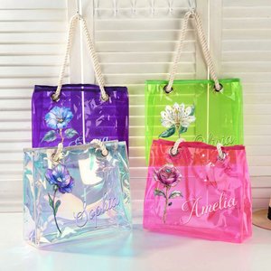 Personalised Birth Flower Neon Laser Clear Tote Bag with Name Birthday Summer Holiday Party Gift for Women
