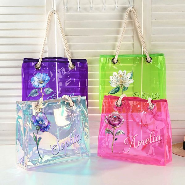 Personalized Birth Flower Neon Laser Clear Tote Bag with Name Birthday Summer Vacation Party Gift for Women