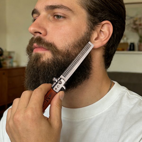 Personalizado de madera de acero inoxidable plegable peine de la barba de los hombres con el nombre de grabado de texto y caja de regalo Día del Padre Regalo de boda para padrinos Padres