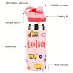 Personalised Cute Construction Lorry Name 12 oz Insulated Water Bottle with Straw and Spill-Proof Lid Back to School Gift for Boys Girls
